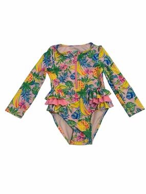 Tropical Pineapple Floral Long-Sleeve One-Piece Swimsuit - Pink
